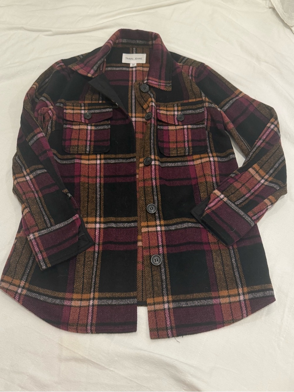Tribal Jeans Plaid Shacket Jacket Women’s XS Burgundy Black Wool Blend